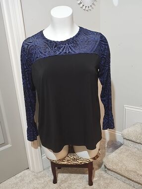 Cato Black Blouse with Navy Velvet Burnout Yoke and Sleeves